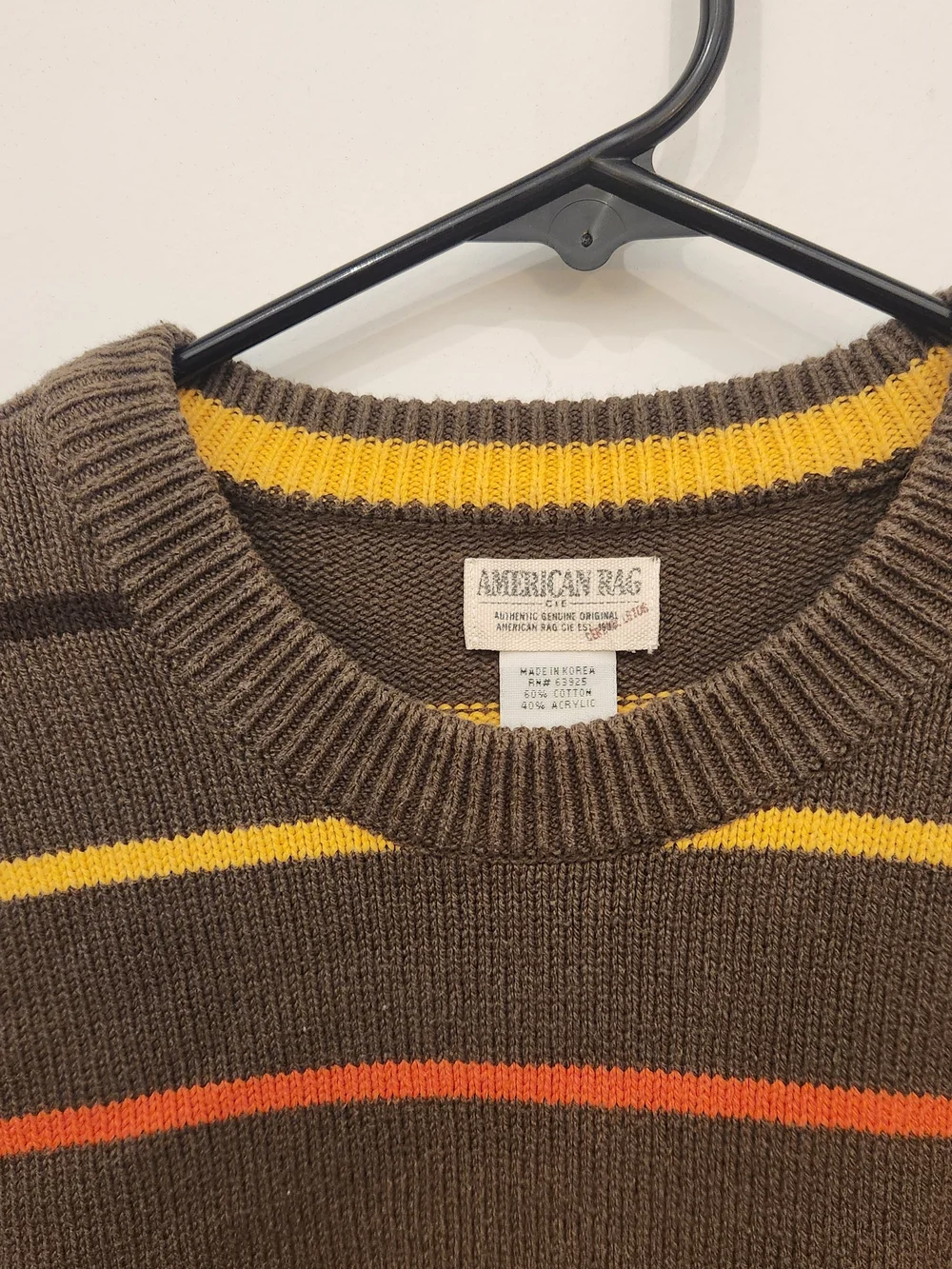 American Rag Brown Crewneck Sweater with Yellow & Orange Stripes